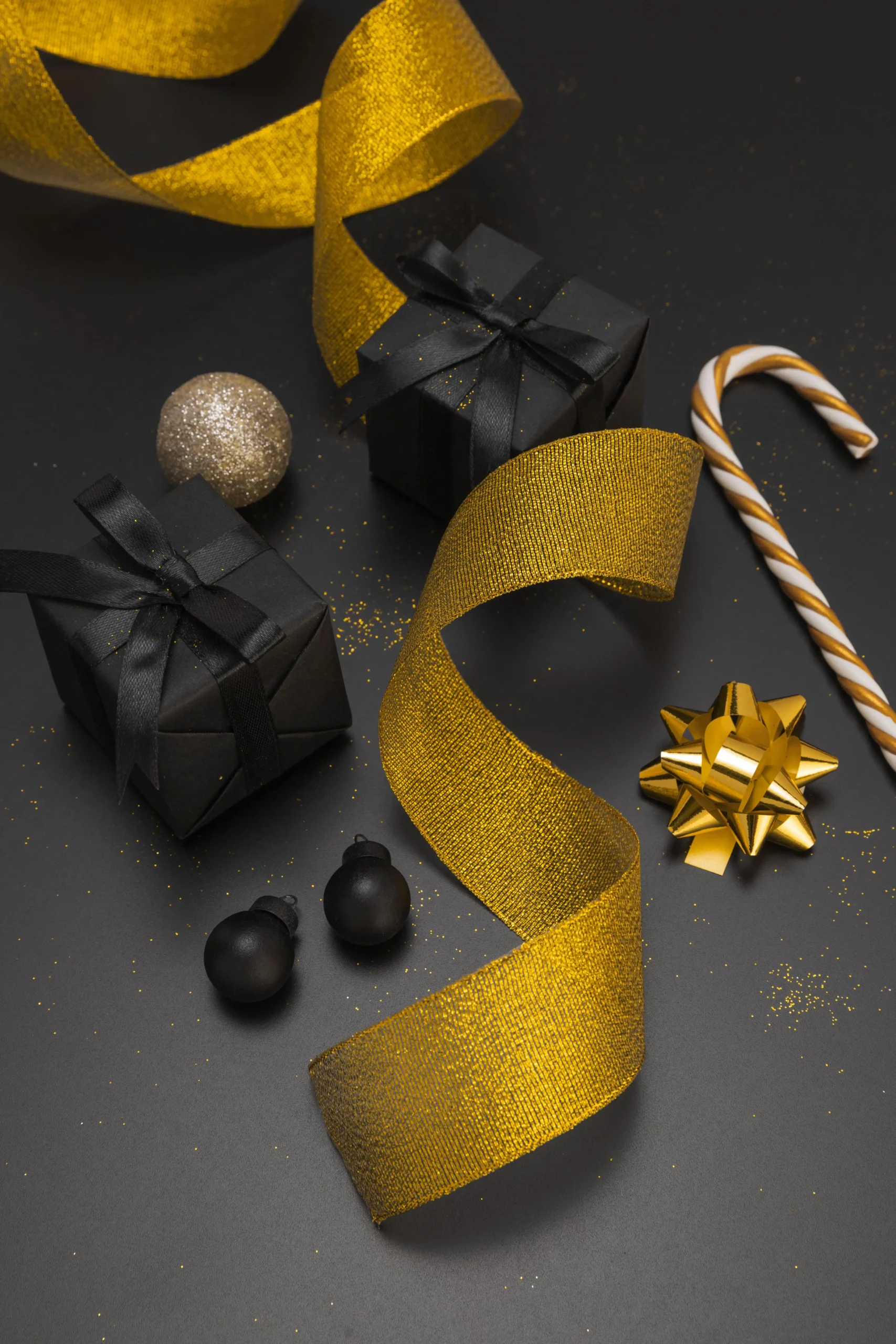 About high angle christmas ornaments with golden ribbon presents copy